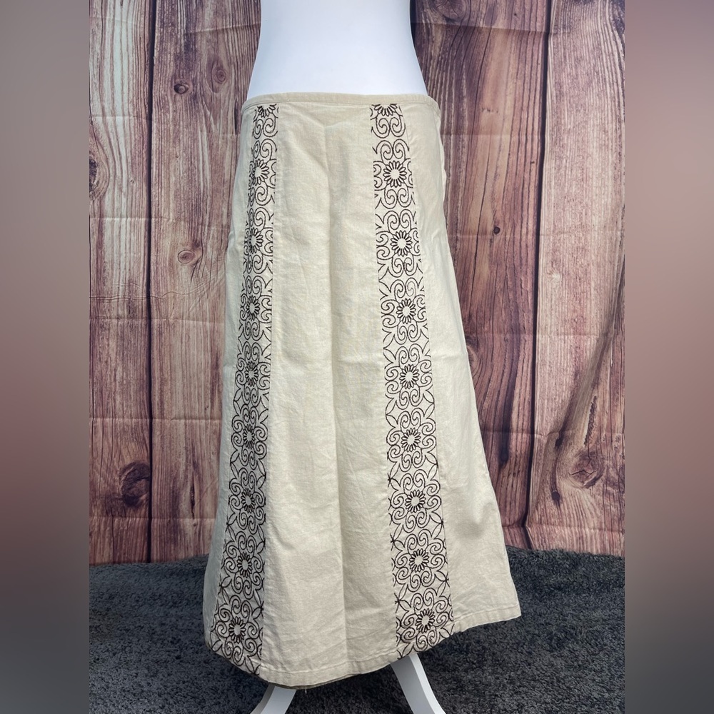 Tweeds linen rayon blend embroidered lined tan skirt women’s size 6